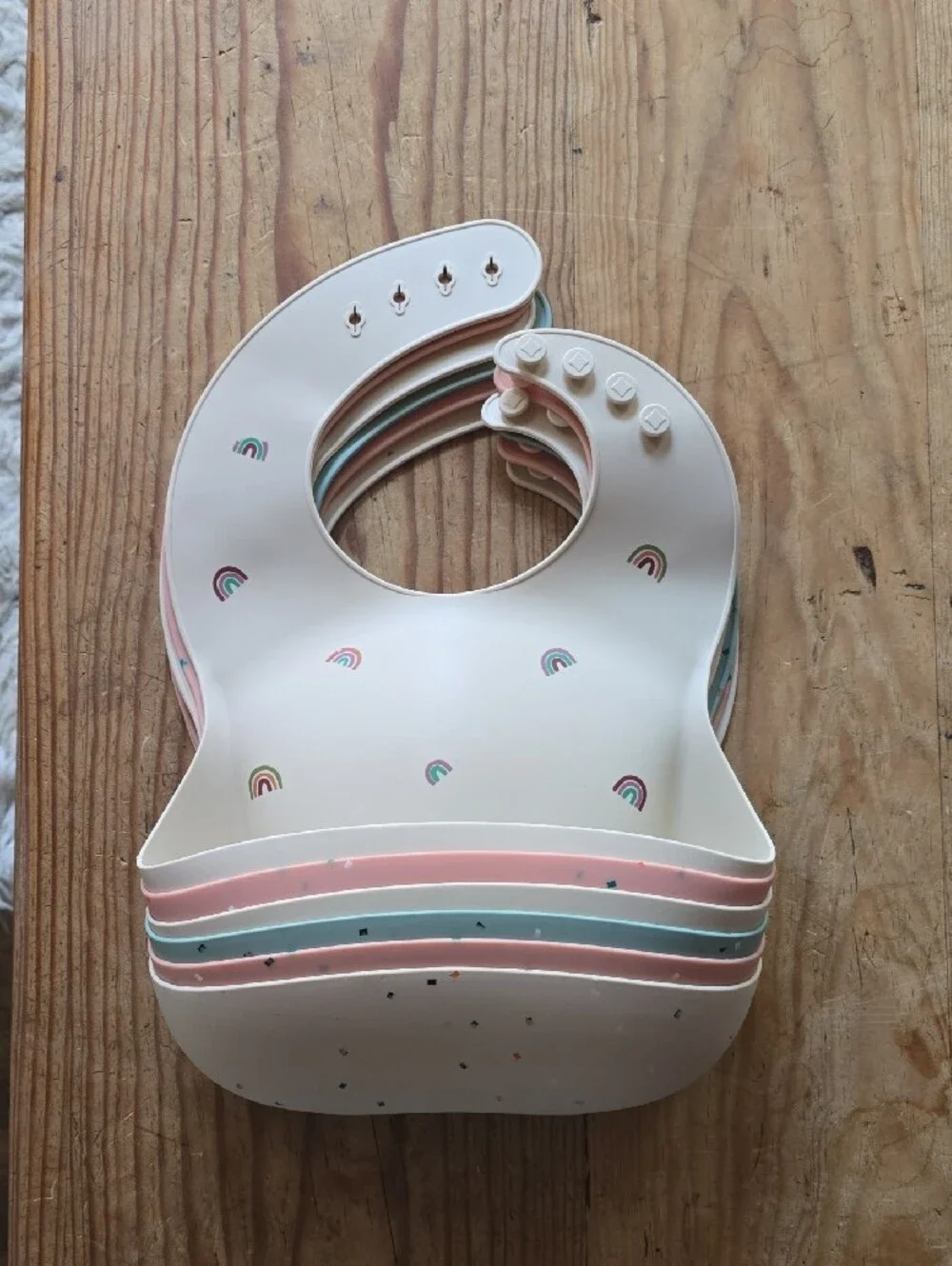 Lot Of 6 Silicone Baby Bibs with Crumb Catcher -Pink, Mint & Cream Mix By Mushie